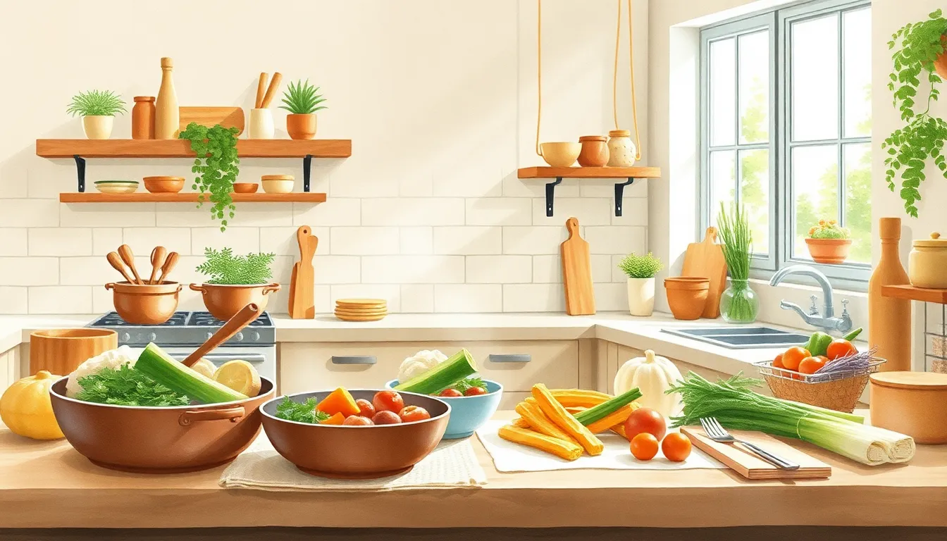 Ilustración editorial de cocina casera con ingredientes frescos y ambiente cálido de cocina