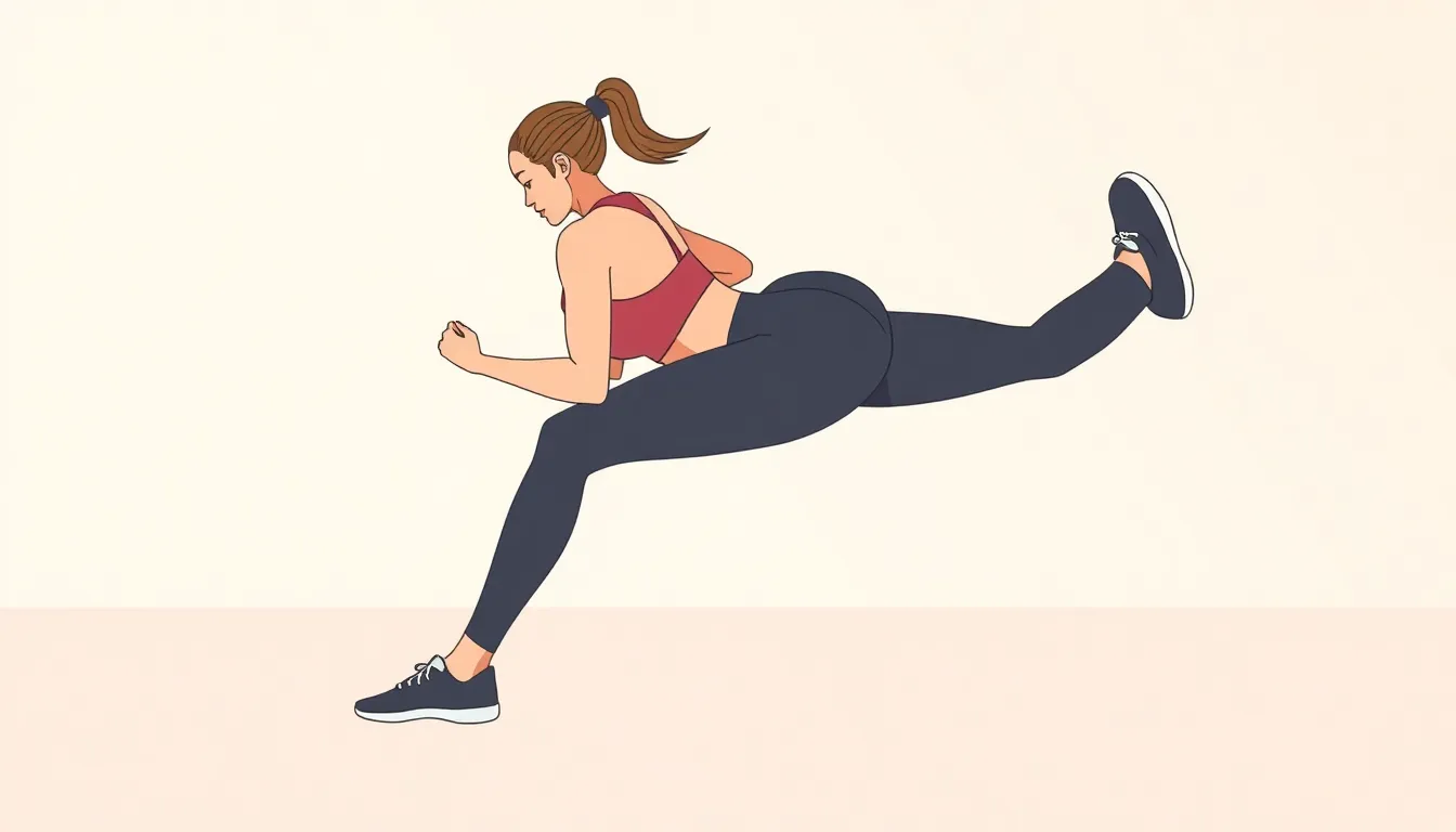 Ilustración editorial sobre el ejercicio de patada de glúteo y fortalecimiento de piernas