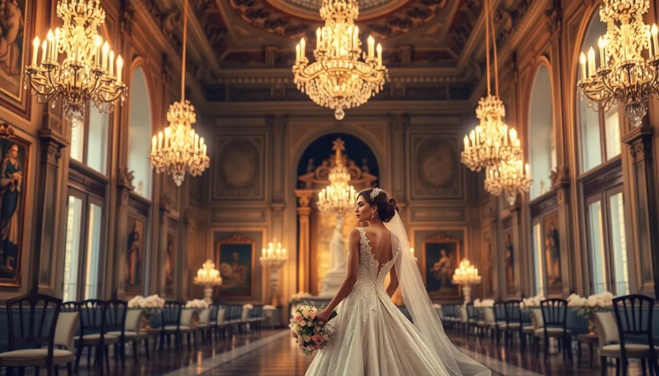 Ilustración editorial de celebración nupcial elegante en palacio italiano con detalles de lujo