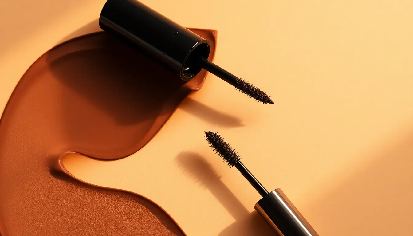 Ilustración editorial de máscara de pestañas marrón con composición abstracta y estética minimalista en tonos cálidos