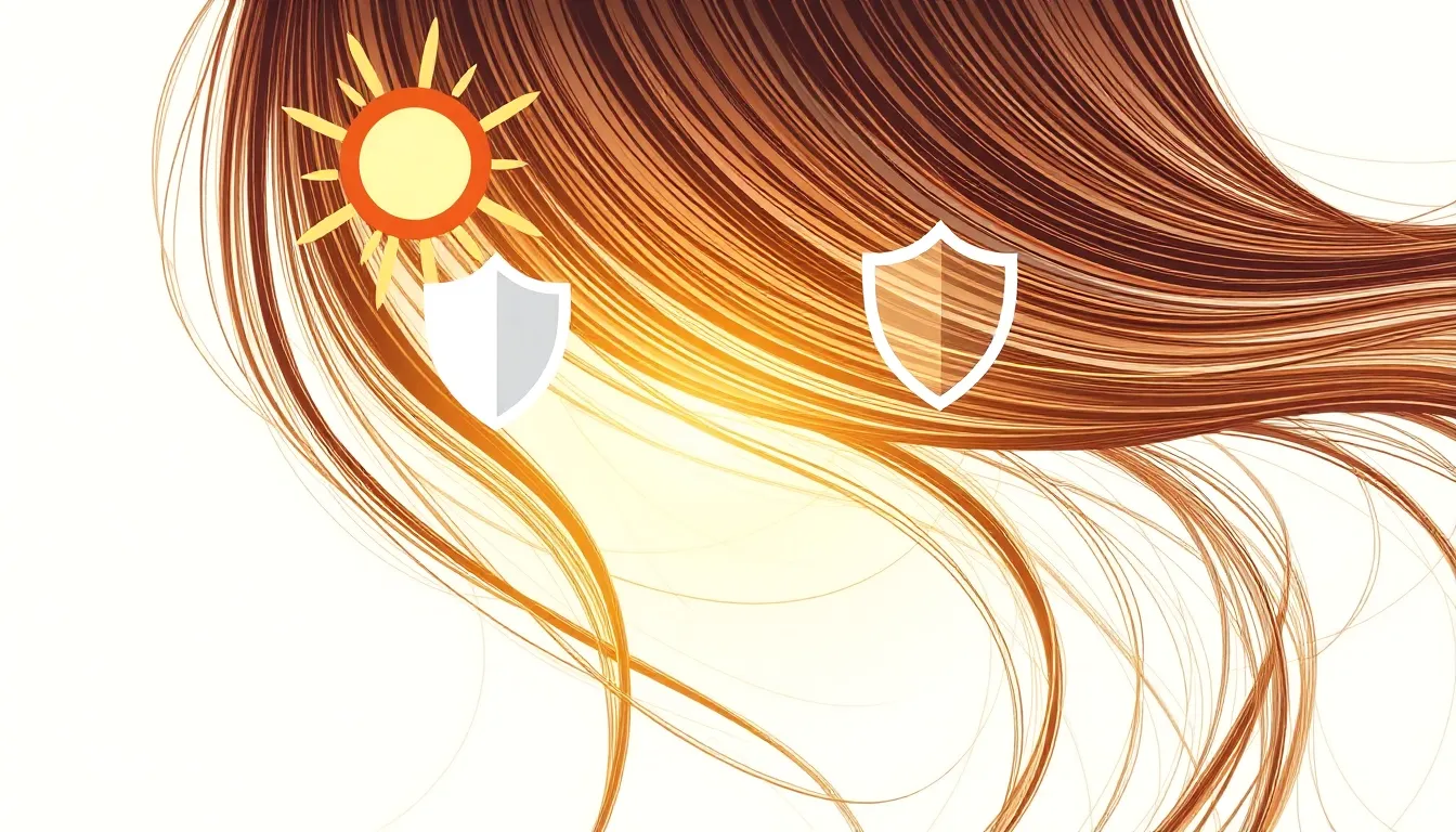 Ilustración conceptual sobre protección solar del cabello con tonos dorados y pasteles