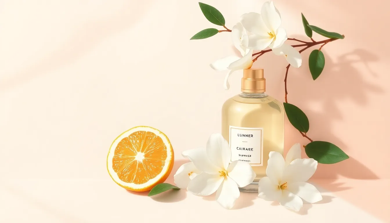 Ilustración editorial de fragancias de verano con elementos cítricos y florales en tonos pastel