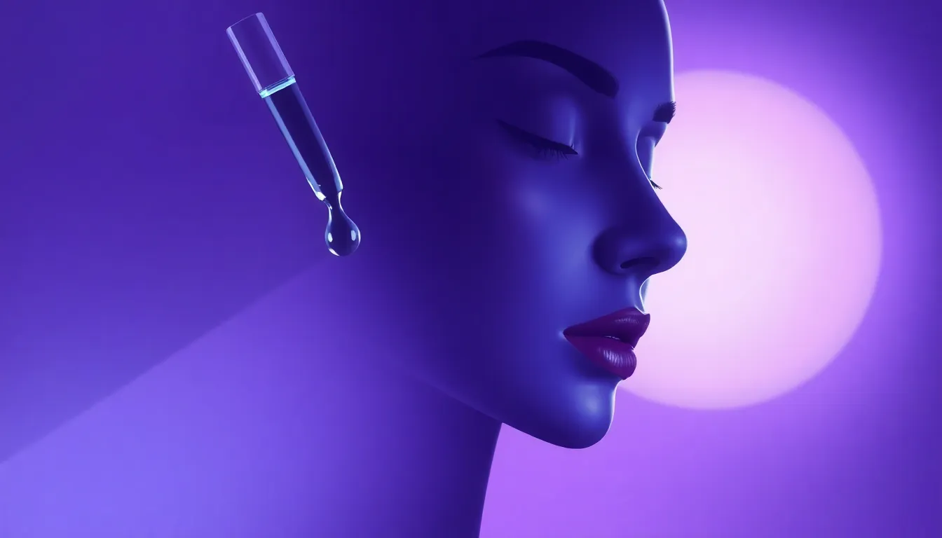 Ilustración editorial de sérum facial nocturno con tonos morados y azules sobre fondo abstracto