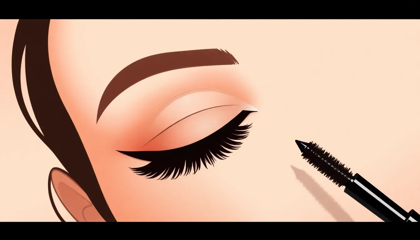 Ilustración editorial de técnica de maquillaje de ojos con efecto lifting y máscara de pestañas