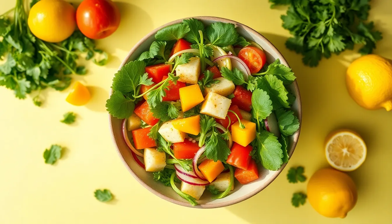 Ilustración editorial de ensalada fresca con vegetales coloridos y hierbas aromáticas