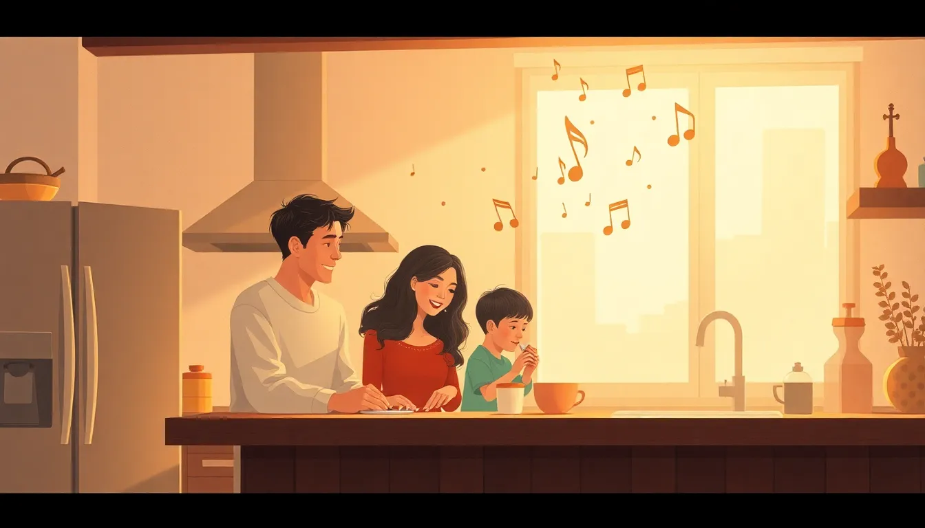 Ilustración editorial de un momento familiar musical en casa con ambiente cálido y emotivo
