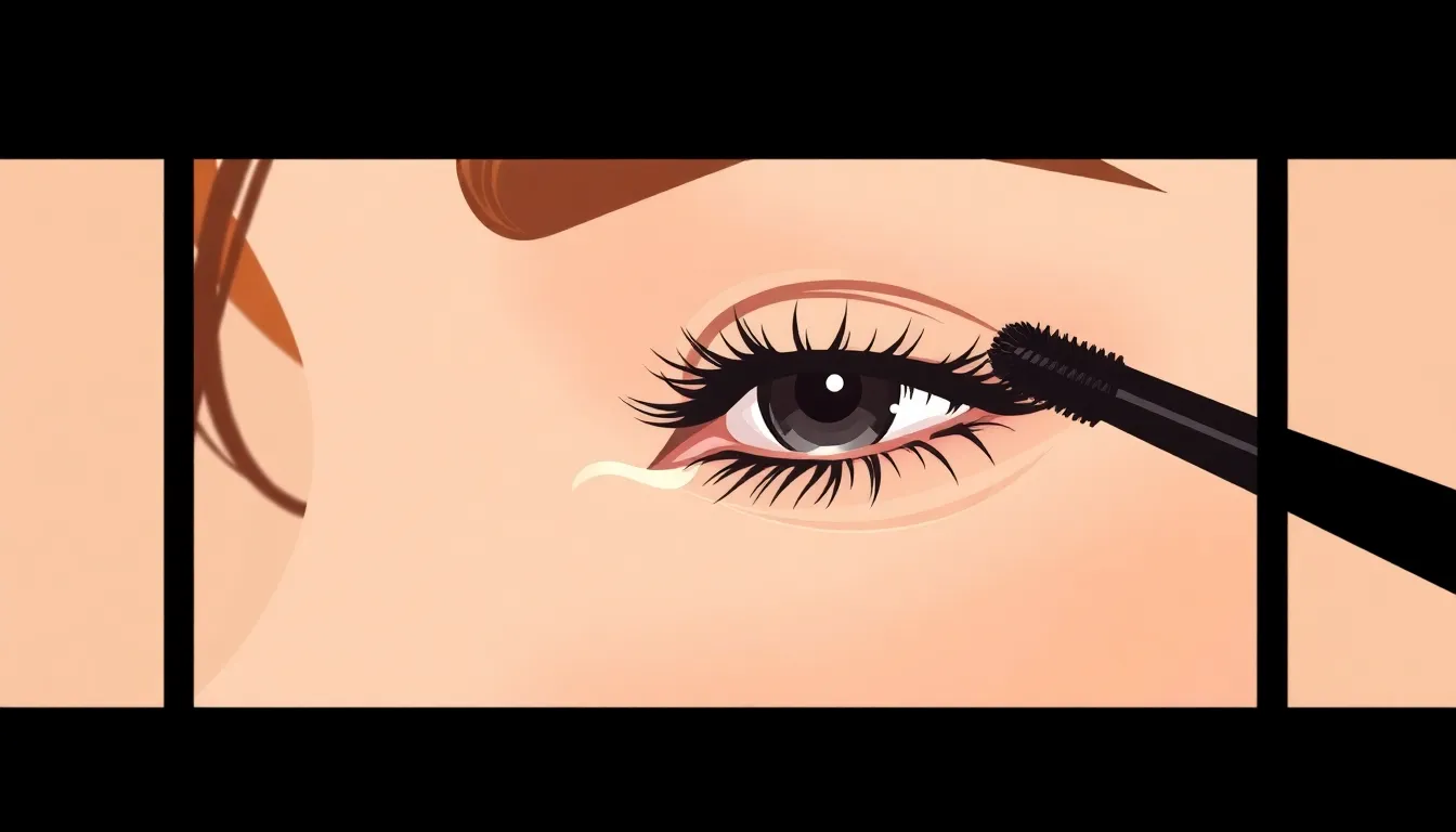 Ilustración editorial de aplicación de máscara de pestañas en la esquina externa del ojo