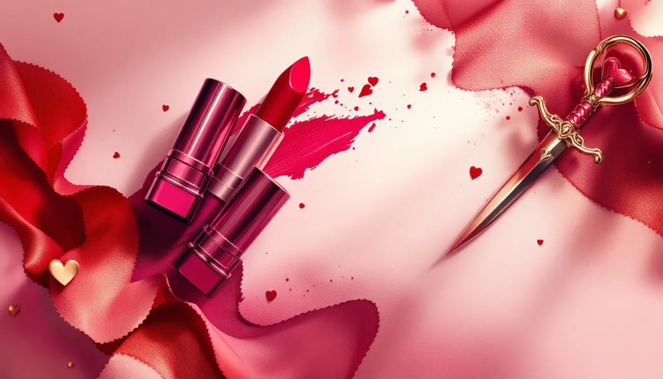 Ilustración editorial de colección de labiales en tonos rojos y ciruela con detalles dorados
