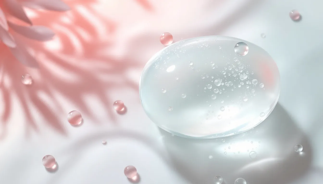 Ilustración editorial de jabón de glicerina transparente con gotas de agua, estética minimalista