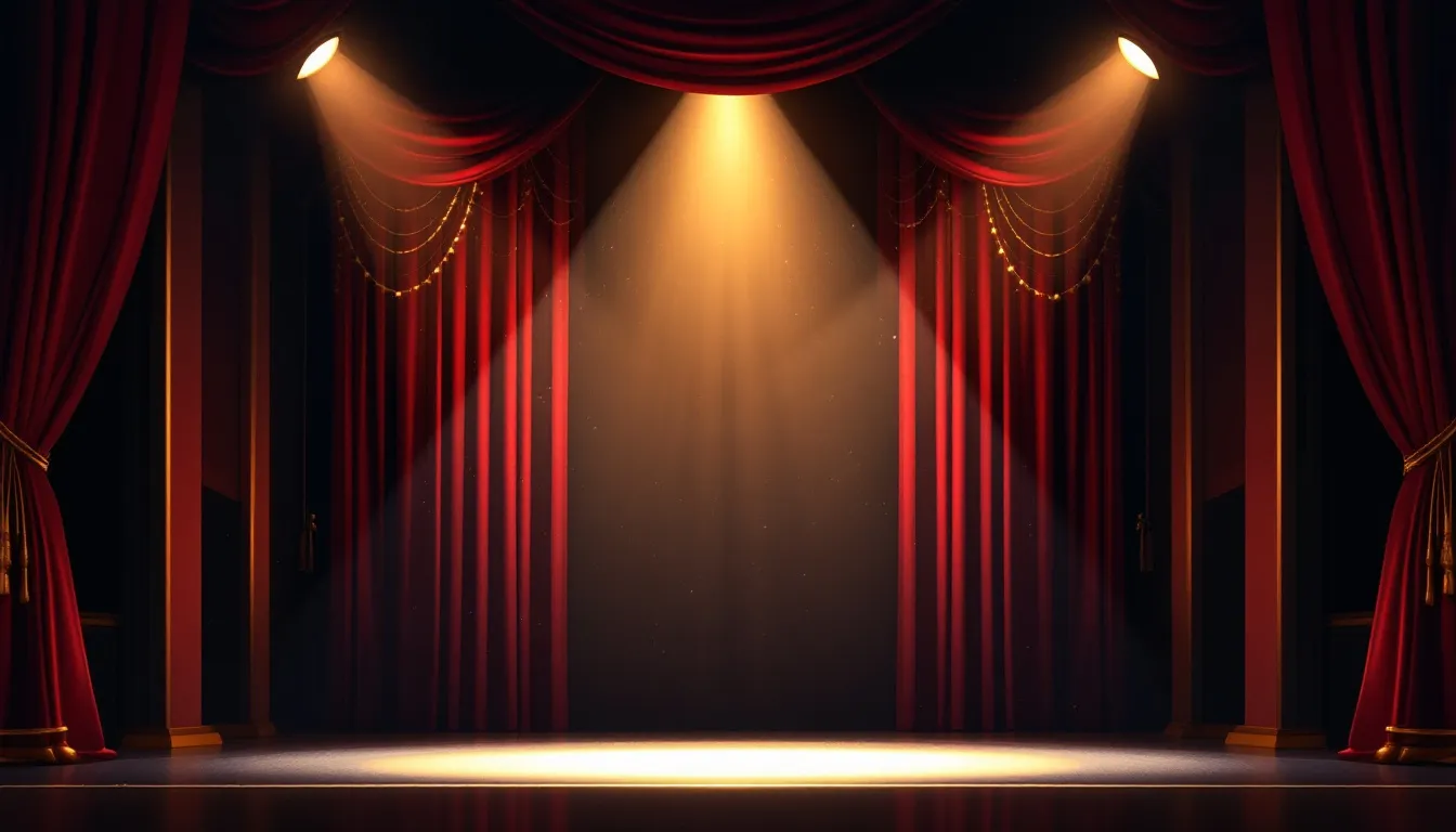 Ilustración editorial de un escenario teatral con iluminación dramática y elegante
