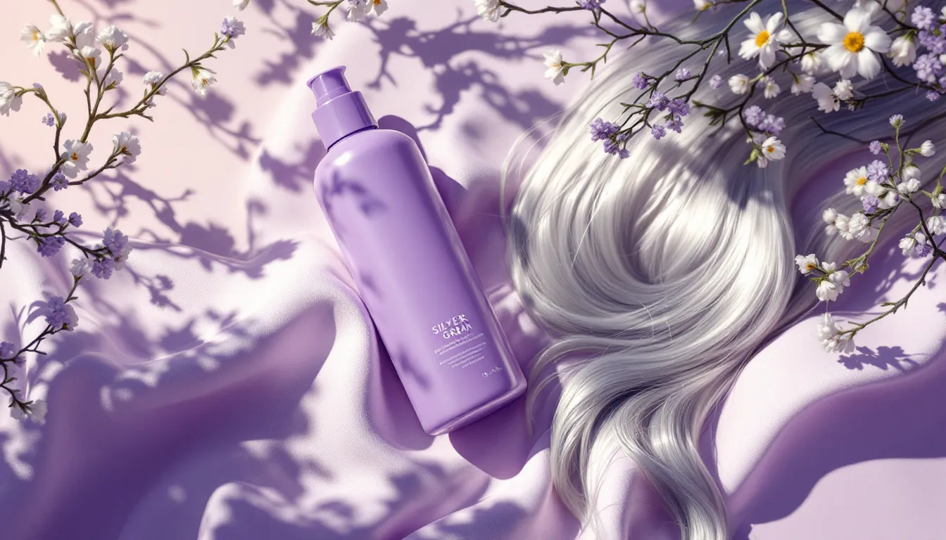 Ilustración editorial de cuidado del cabello canoso en verano con tonos violeta y plateado