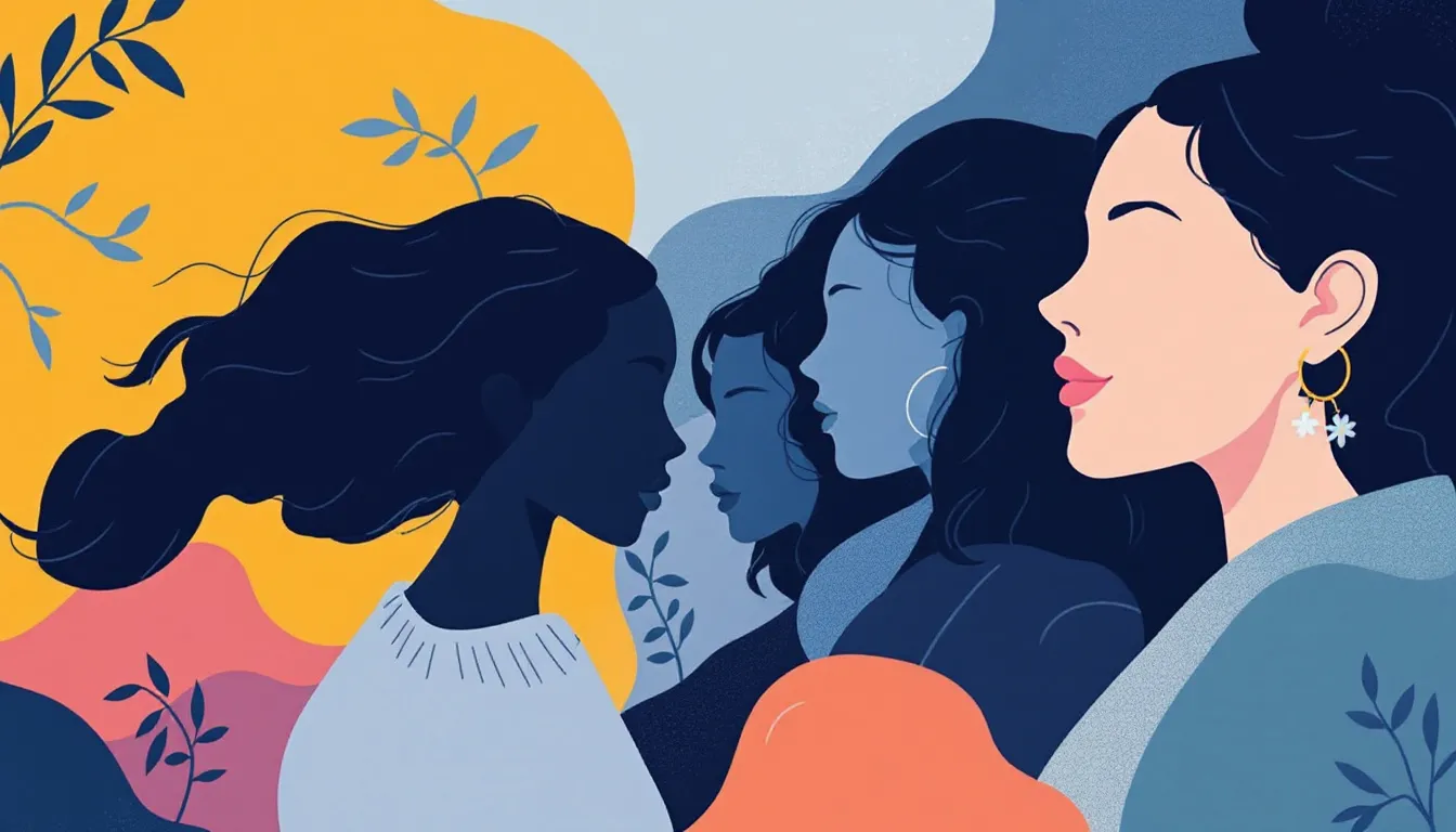 Ilustración editorial sobre seguridad de las mujeres en espacios públicos, composición abstracta y profesional