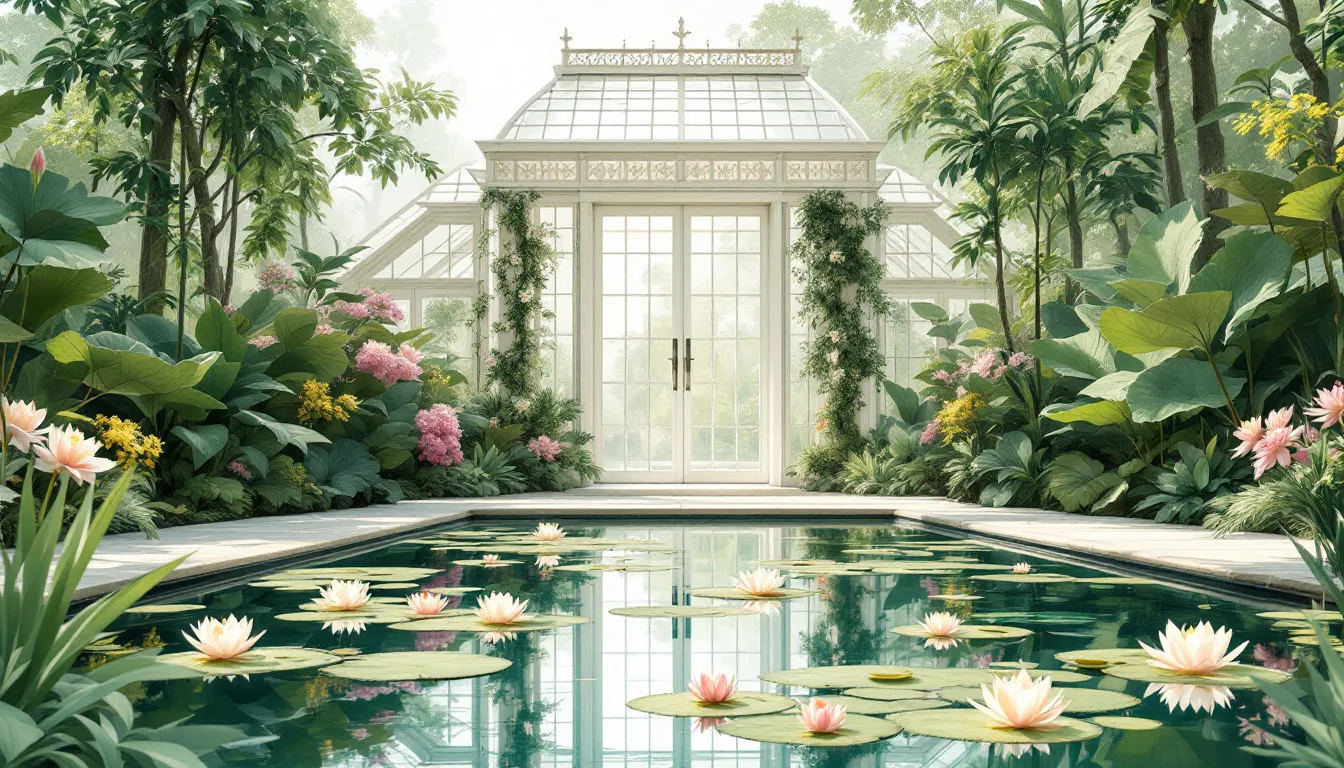 Ilustración editorial de desfile de moda en jardín botánico con invernadero y nenúfares