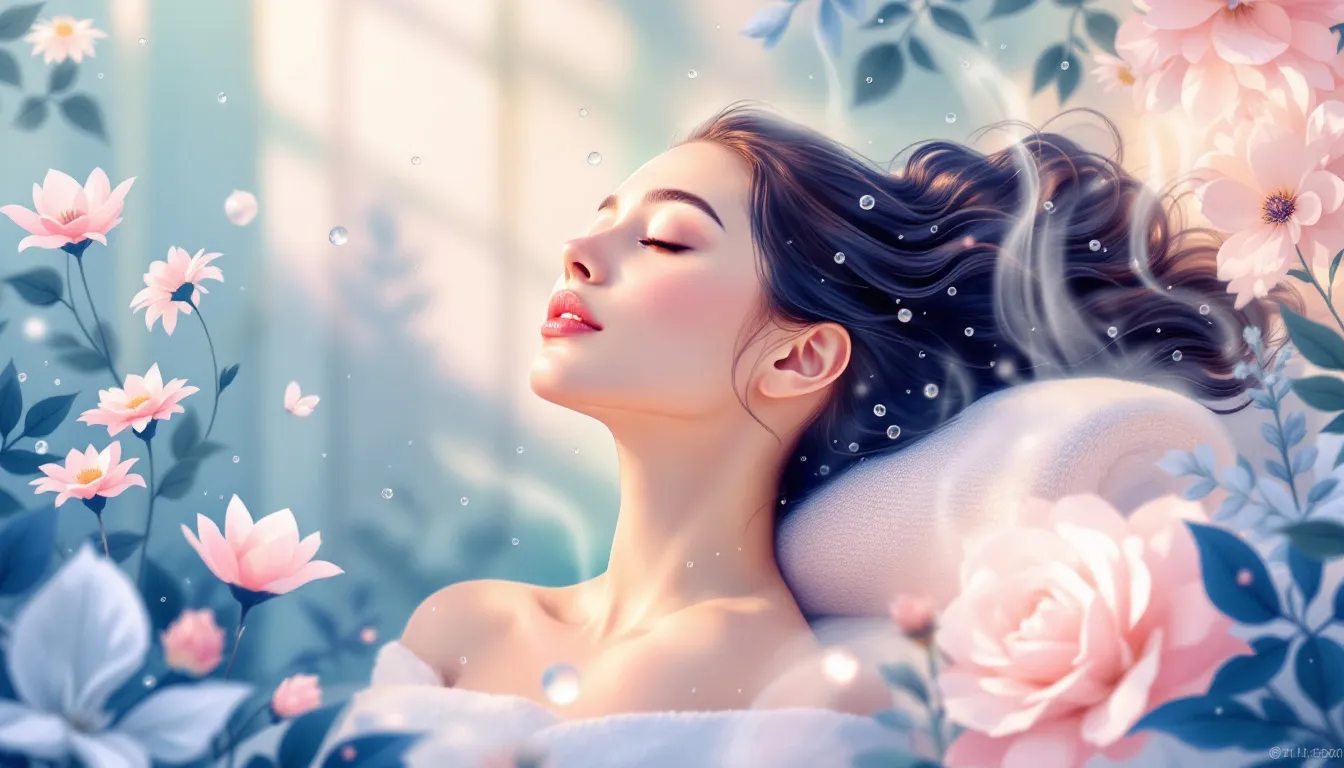 Ilustración editorial de tratamiento facial capilar con vapor y masaje de cuero cabelludo