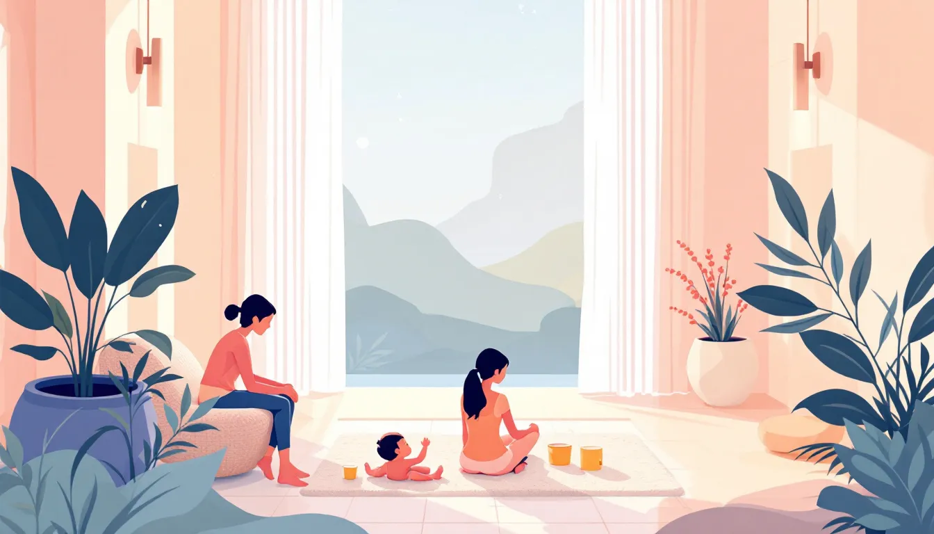 Ilustración editorial de concepto de bienestar familiar en spa con ambiente sereno
