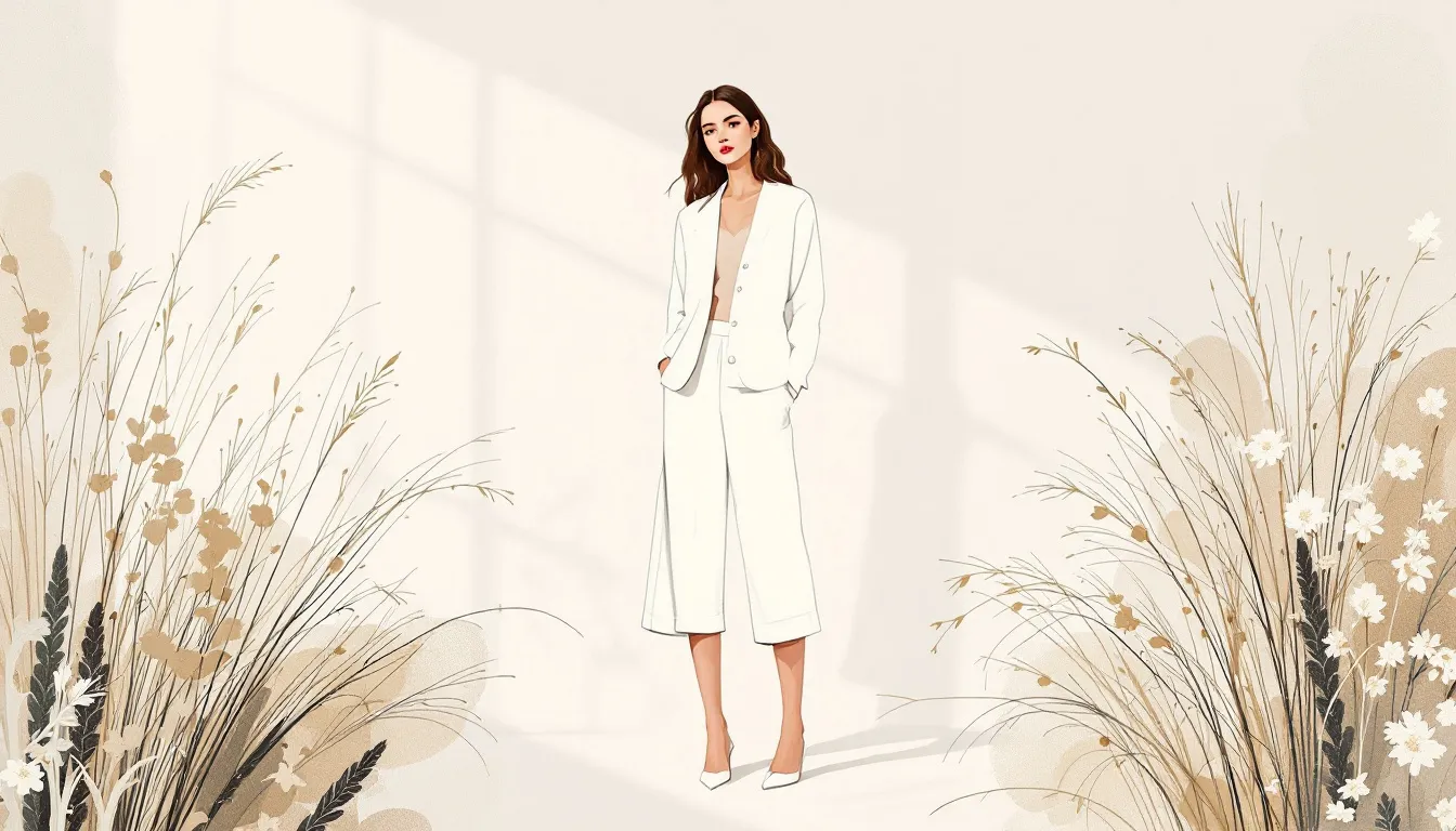 Ilustración editorial de estilo elegante con pantalones capri y cárdigan, estética sofisticada
