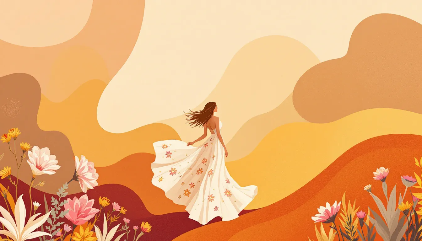 Ilustración editorial de estilo boho chic veraniego con falda larga y bordados florales en tonos cálidos