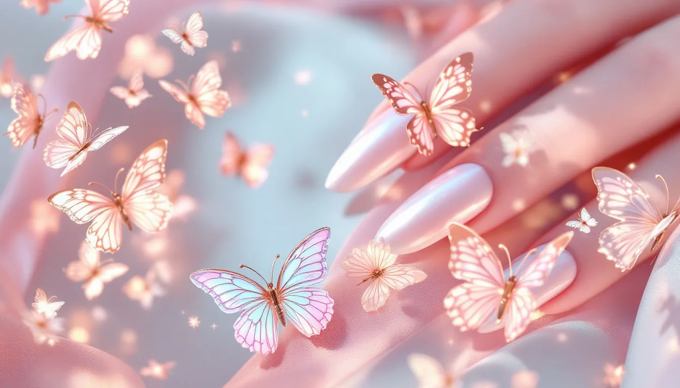 Ilustración editorial de manicura con mariposas en acabado iridiscente y detalles dorados