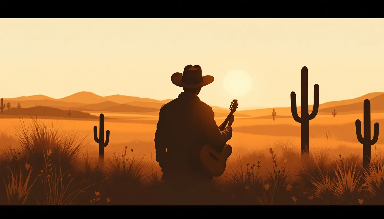 Ilustración editorial de estética country con guitarra acústica y sombrero vaquero en tonos cálidos dorados