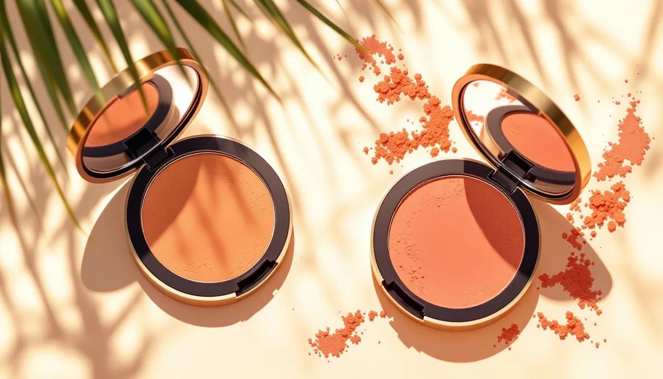Ilustración editorial de colorete y bronceador en tonos cálidos para verano