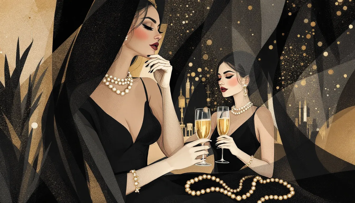 Ilustración editorial de evento nocturno de Chanel con vestidos negros elegantes y perlas