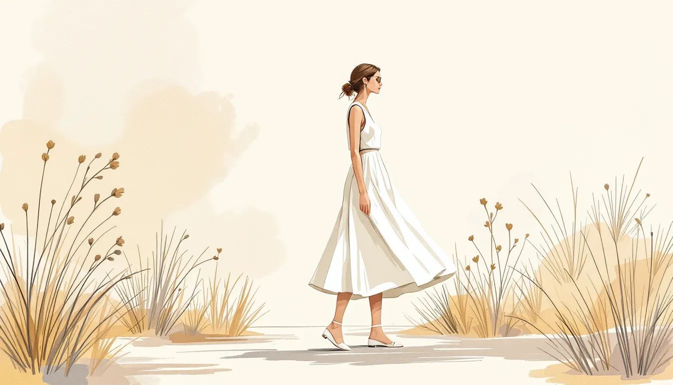 Ilustración editorial de estilismo minimalista de verano con chaleco y falda midi