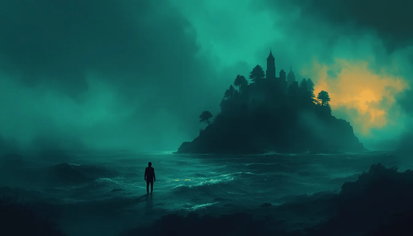 Ilustración editorial de isla costera misteriosa con atmósfera entre cómica y terrorífica