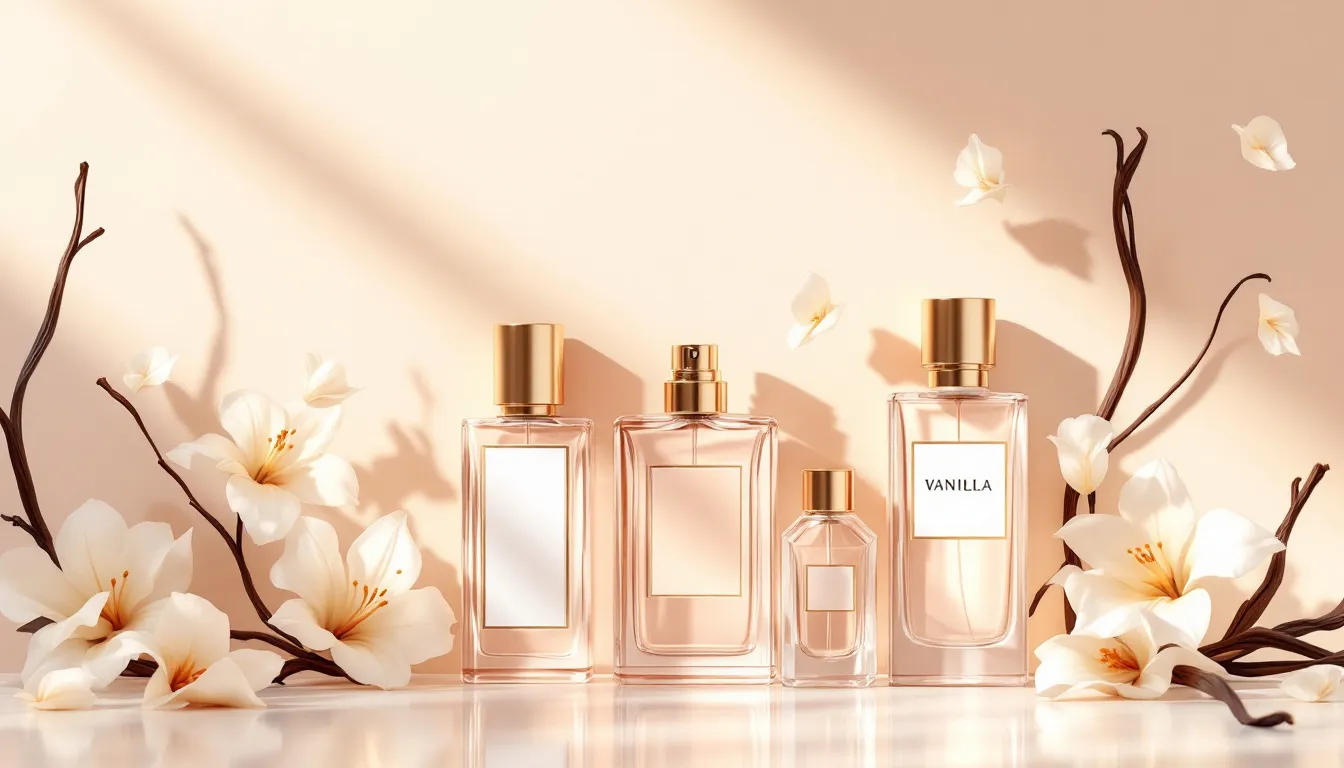 Ilustración editorial de frascos de perfume con elementos florales abstractos en tonos pastel y dorado