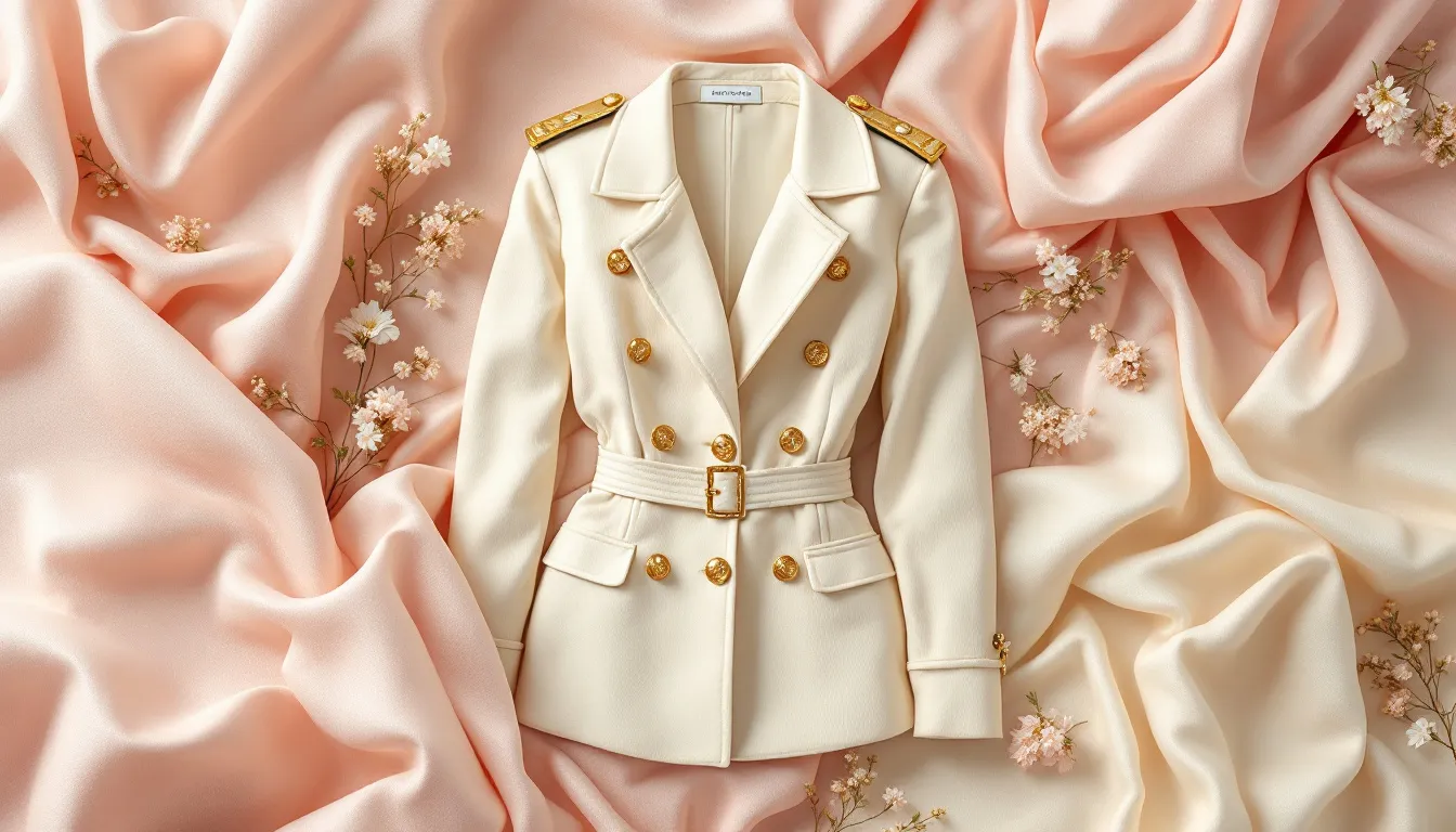 Ilustración editorial de estilismo de gala con chaqueta militar y falda satinada rosa
