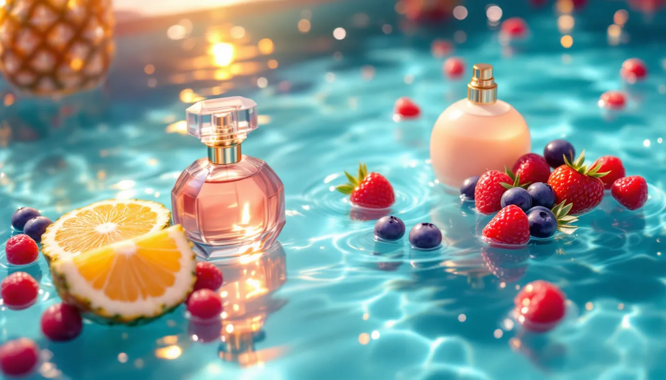 Ilustración editorial de fragancias veraniegas con frutas tropicales y ambiente de piscina