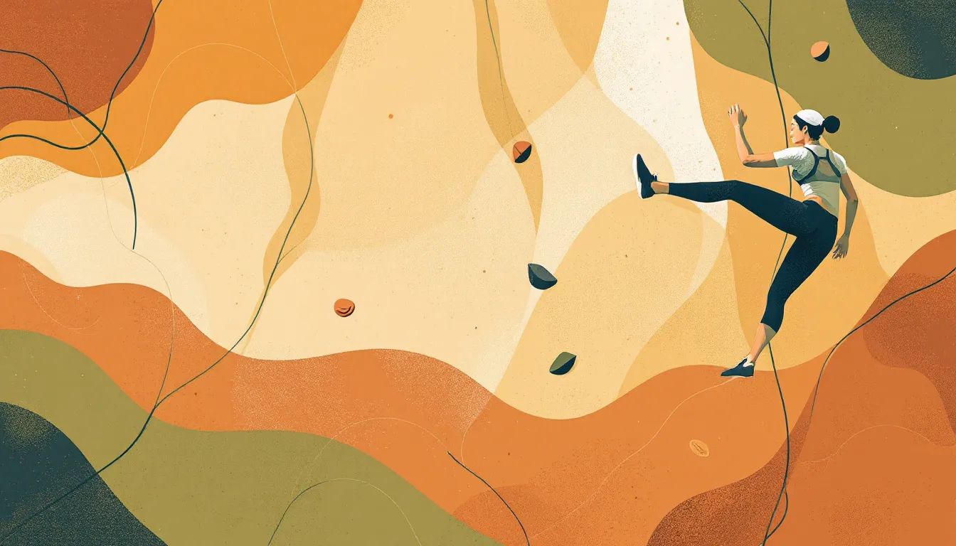 Ilustración editorial de escalada y rutina de bienestar con composición abstracta y tonos tierra