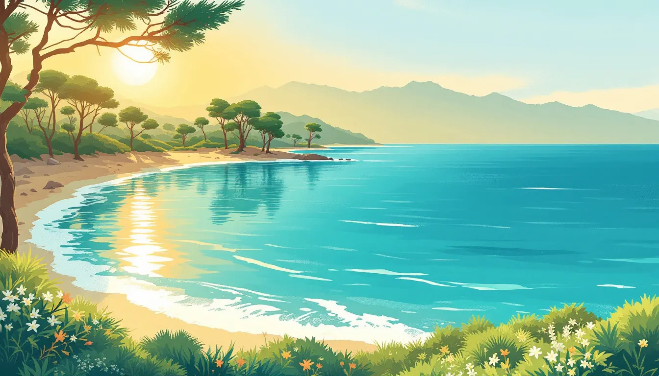 Ilustración editorial de paisaje mediterráneo sereno con pinos y aguas turquesas al atardecer
