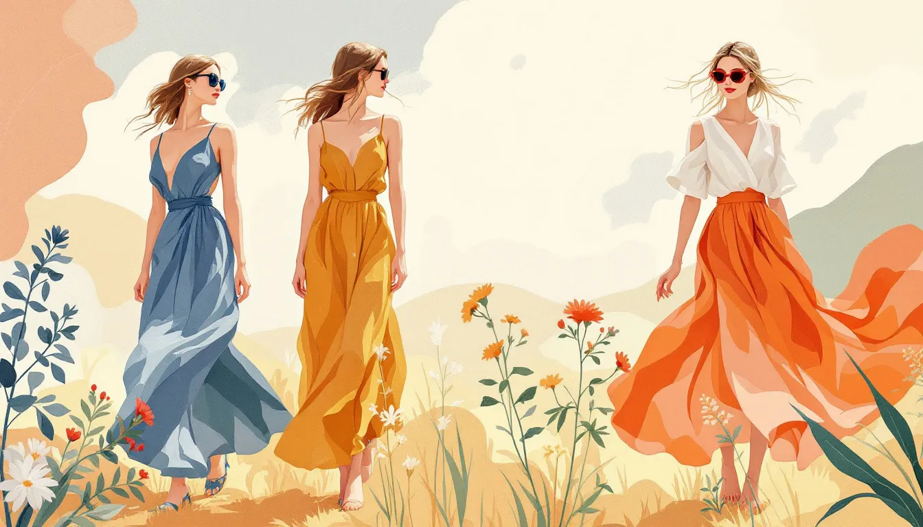 Ilustración editorial de vestuario veraniego con siluetas estructuradas y toques de color