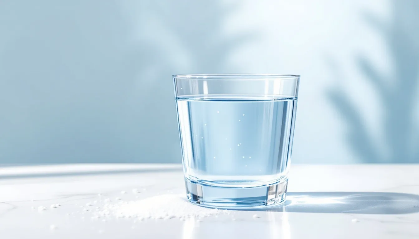 Ilustración editorial de vaso de agua con sal para enjuague bucal casero