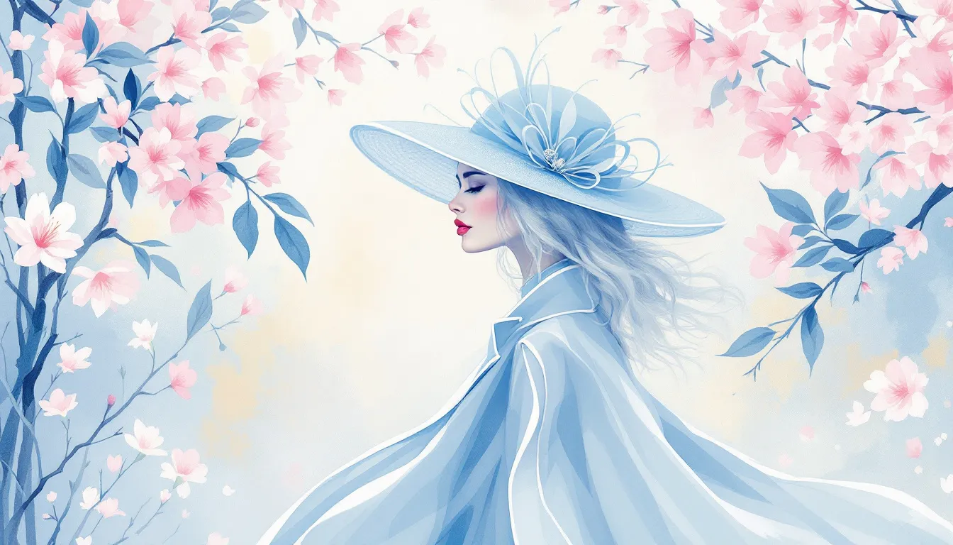 Ilustración editorial de conjunto elegante azul pastel con tocado estilo británico