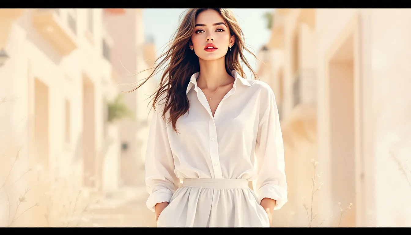Ilustración editorial de camisa blanca y falda midi, look de verano elegante y femenino