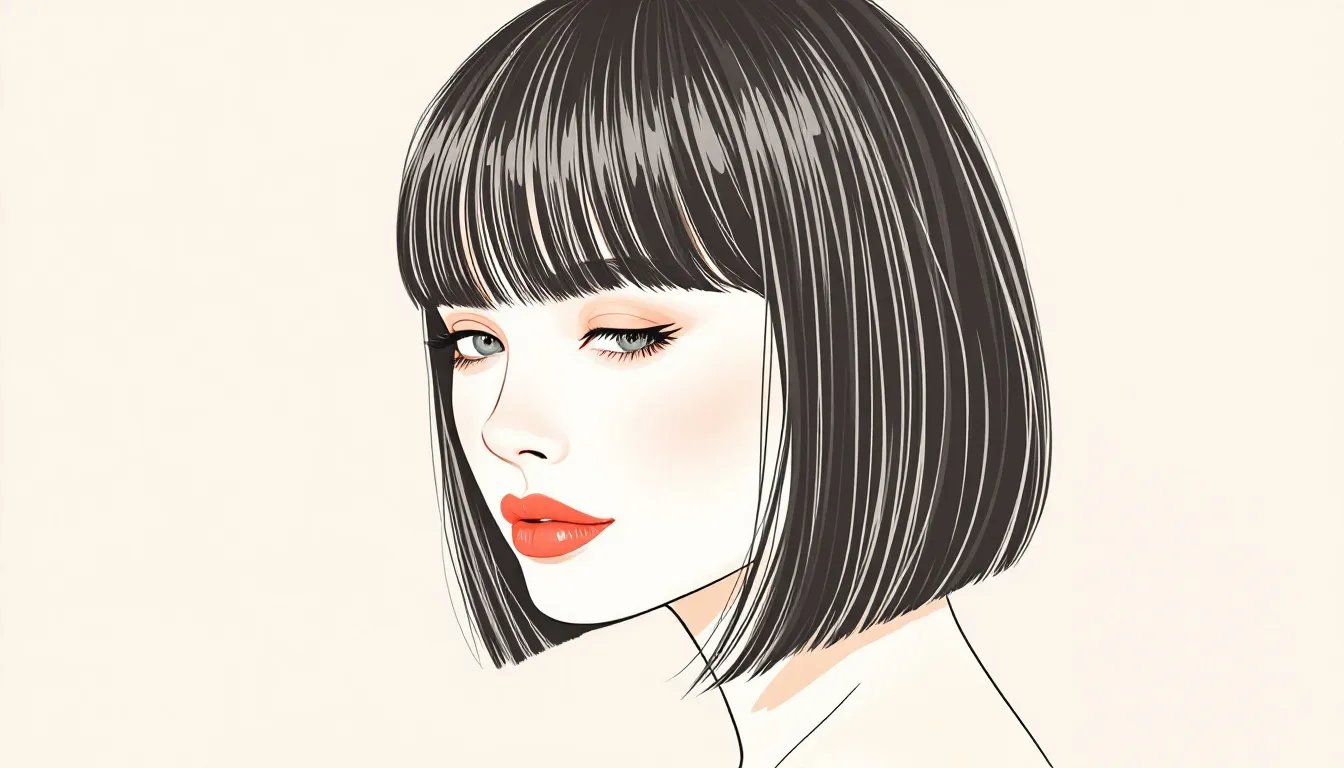 Ilustración editorial de corte blunt bob con líneas rectas y textura definida, estilo minimalista elegante