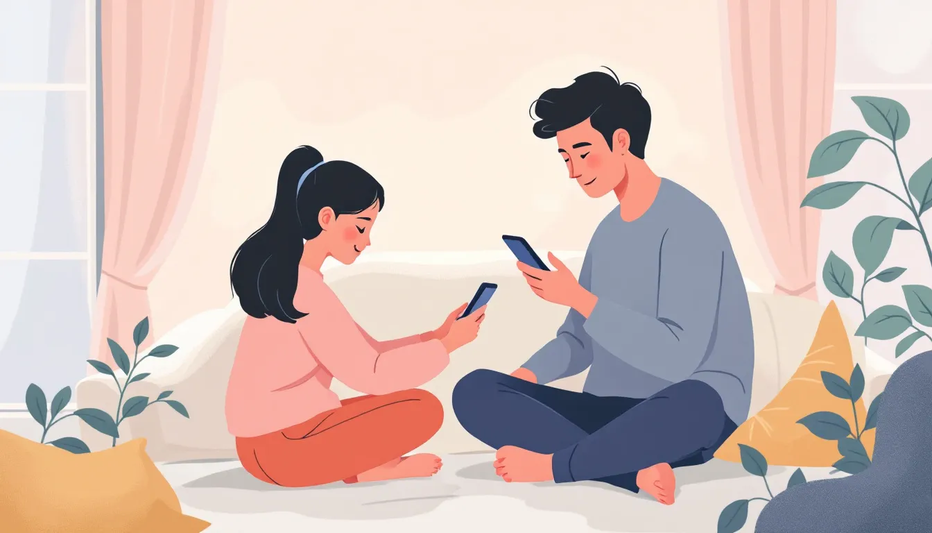 Ilustración editorial sobre bienestar digital familiar y uso consciente de la tecnología