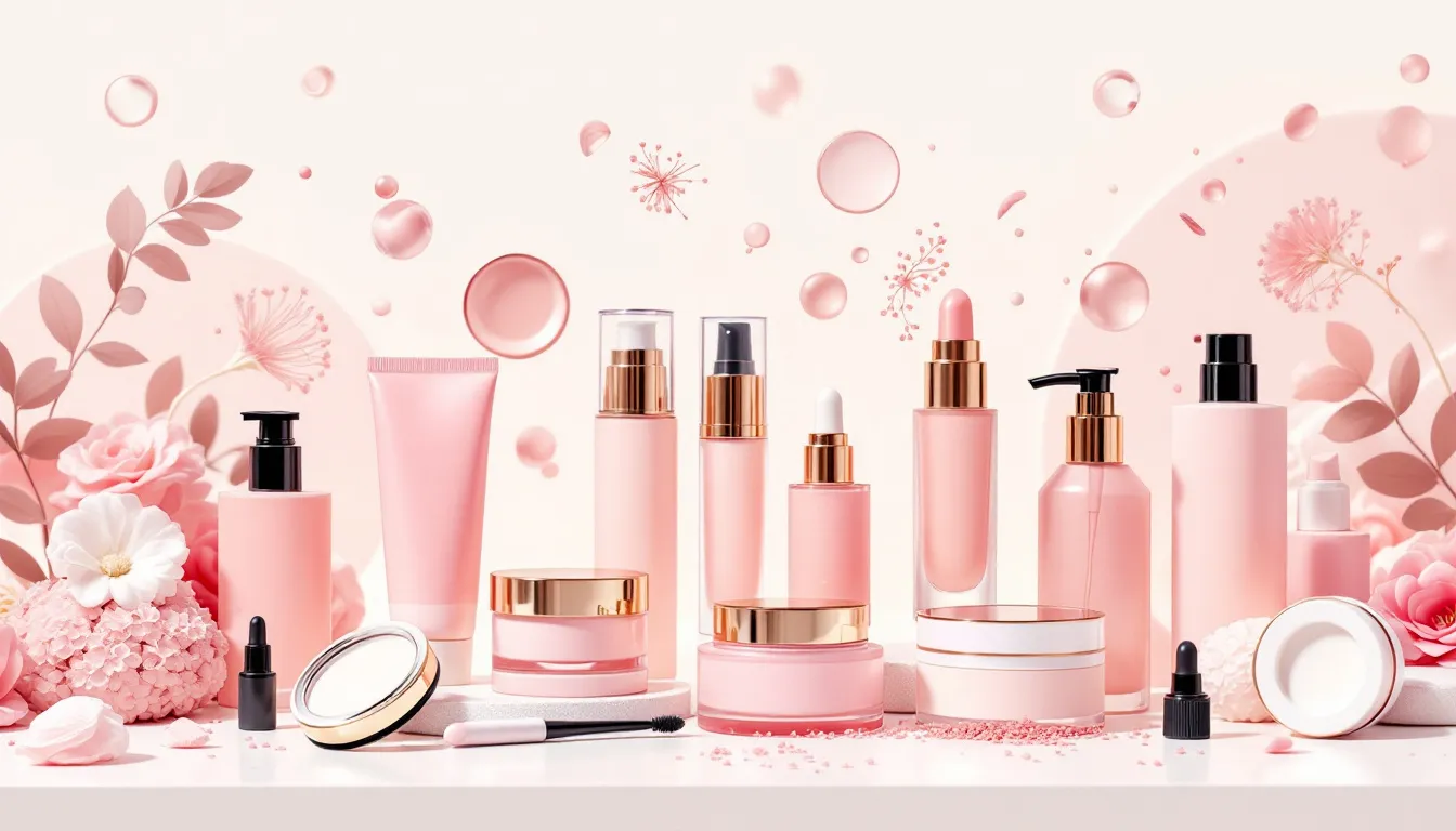 Ilustración editorial de productos de belleza tendencia en composición abstracta y elegante
