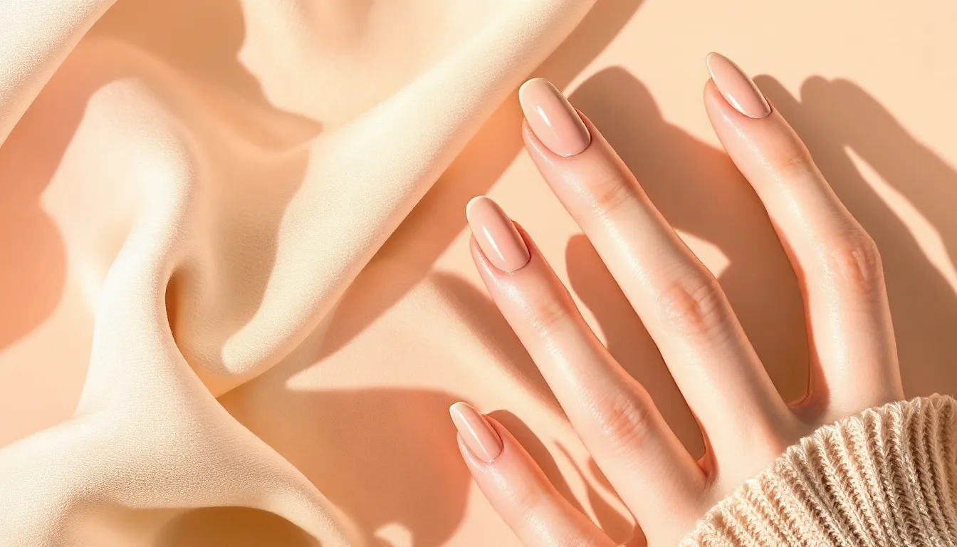 Ilustración editorial de manicura nude elegante en tonos beige y melocotón con acabado pulido