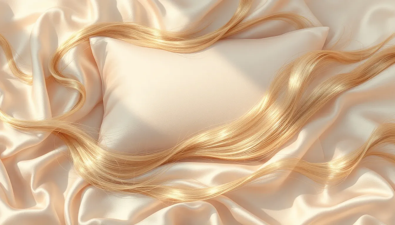 Ilustración editorial de almohada de seda y cabello fluido en tonos suaves
