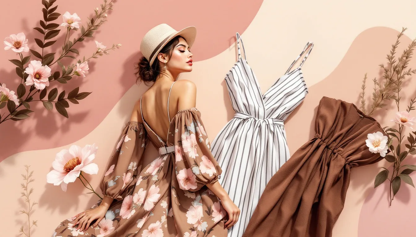 Ilustración editorial de vestidos de verano en tonos pastel y estampados sobre fondo neutro