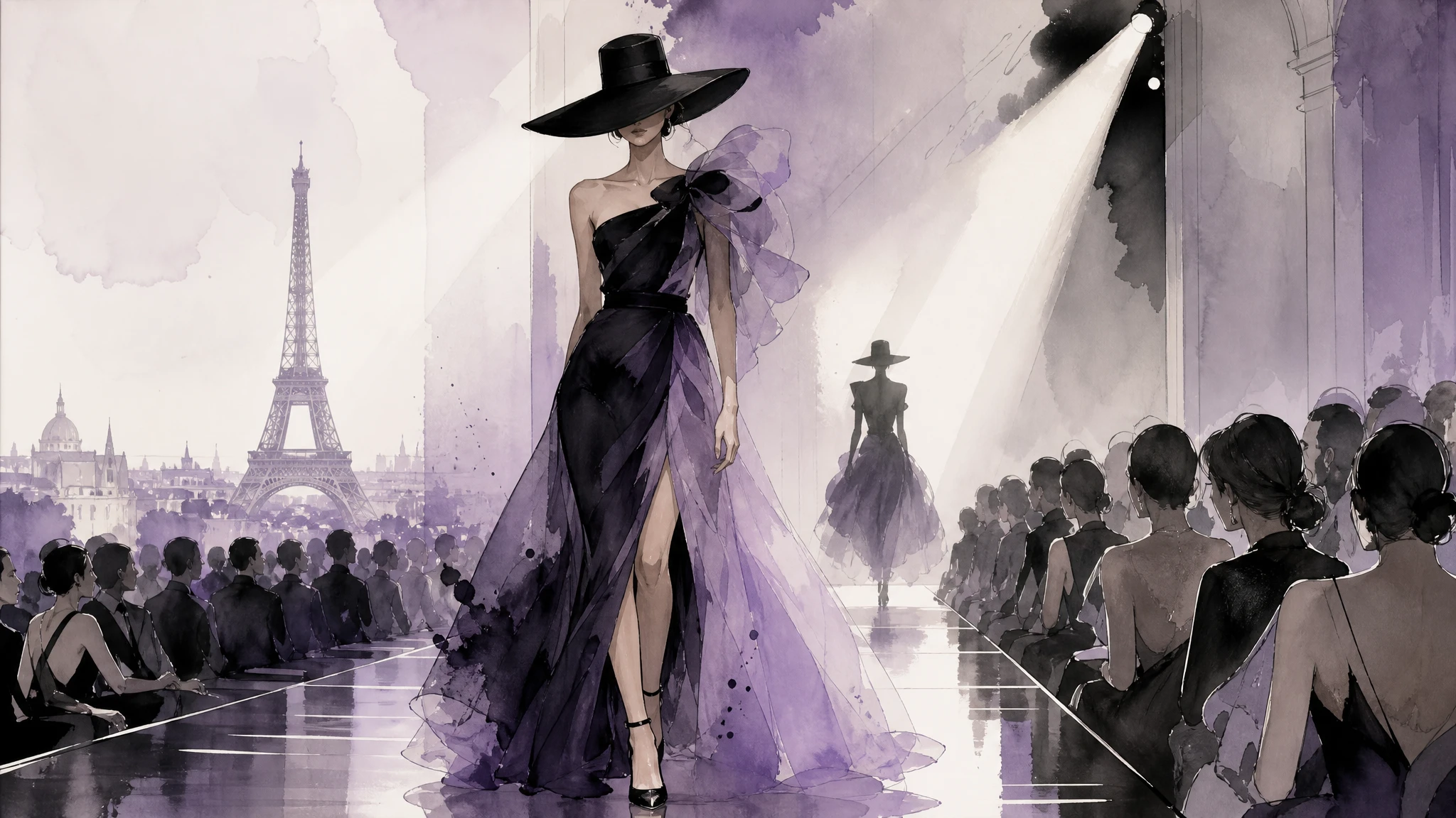 Ilustración editorial de ambiente de pasarela parisina con focos y atmósfera elegante