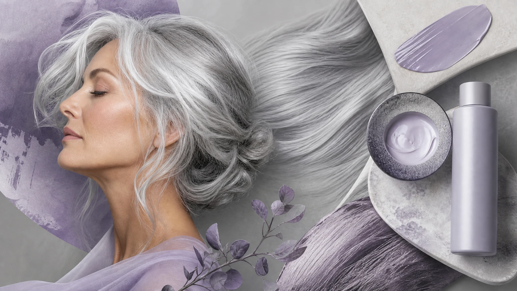 Ilustración editorial de rutina de cuidado para cabello canoso en tonos plata y violeta
