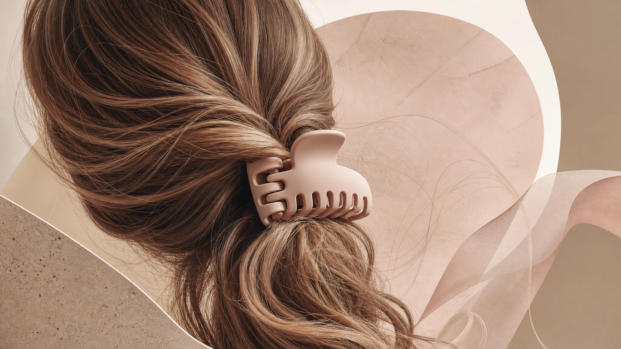 Ilustración editorial de pinza capilar rodeada de mechones de pelo en tonos suaves y elegantes