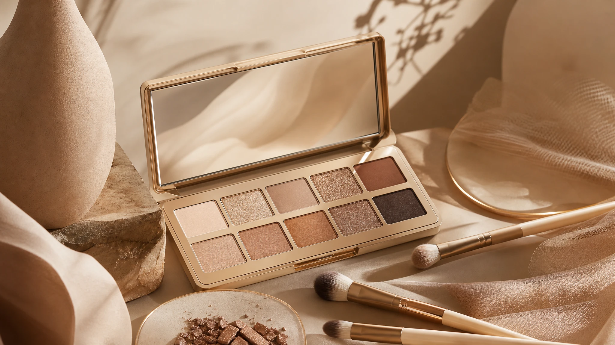 Ilustración editorial de paleta de sombras en tonos neutros con pinceles de maquillaje