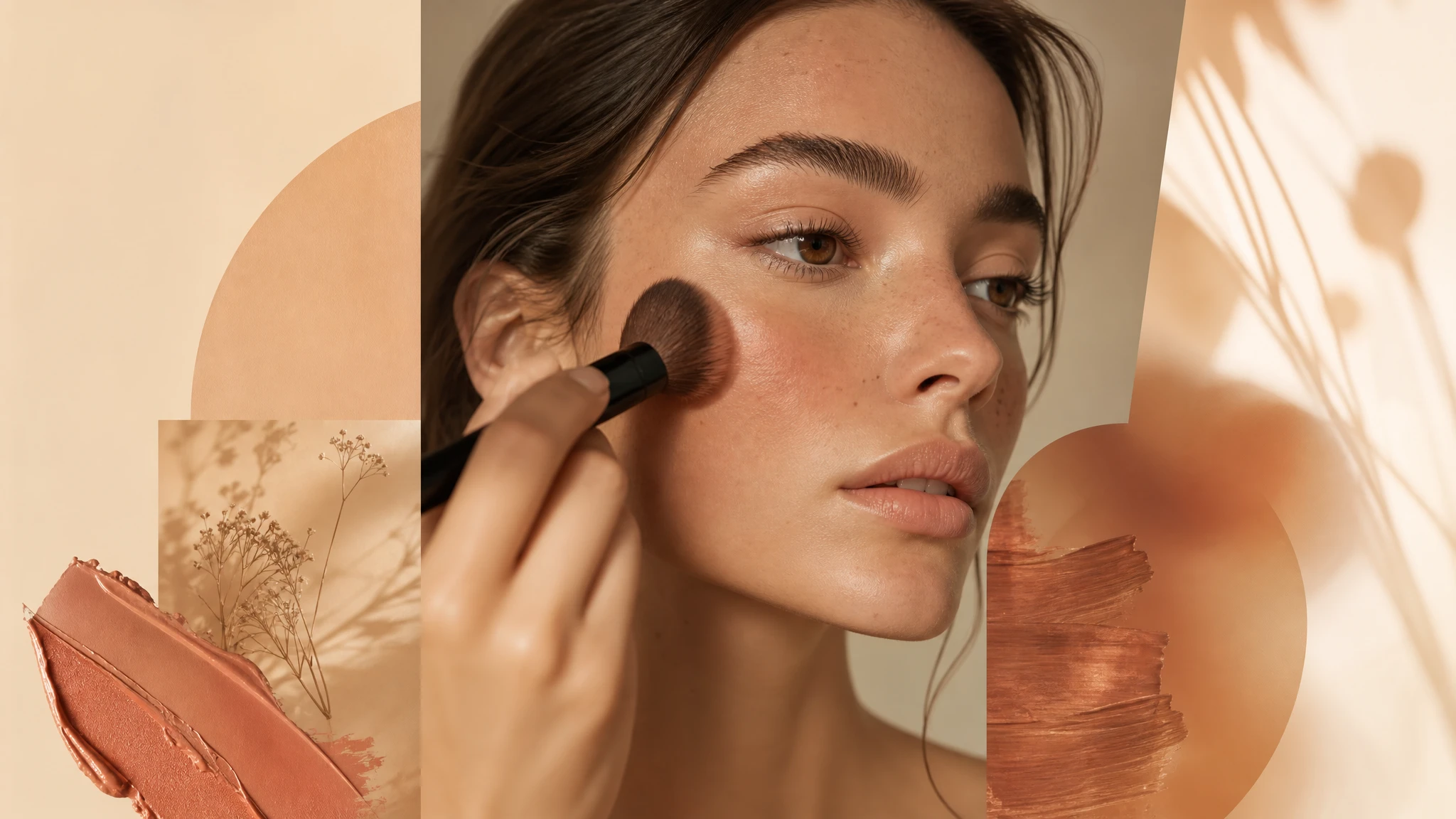 Ilustración editorial de maquillaje natural en tonos beige y caramelo