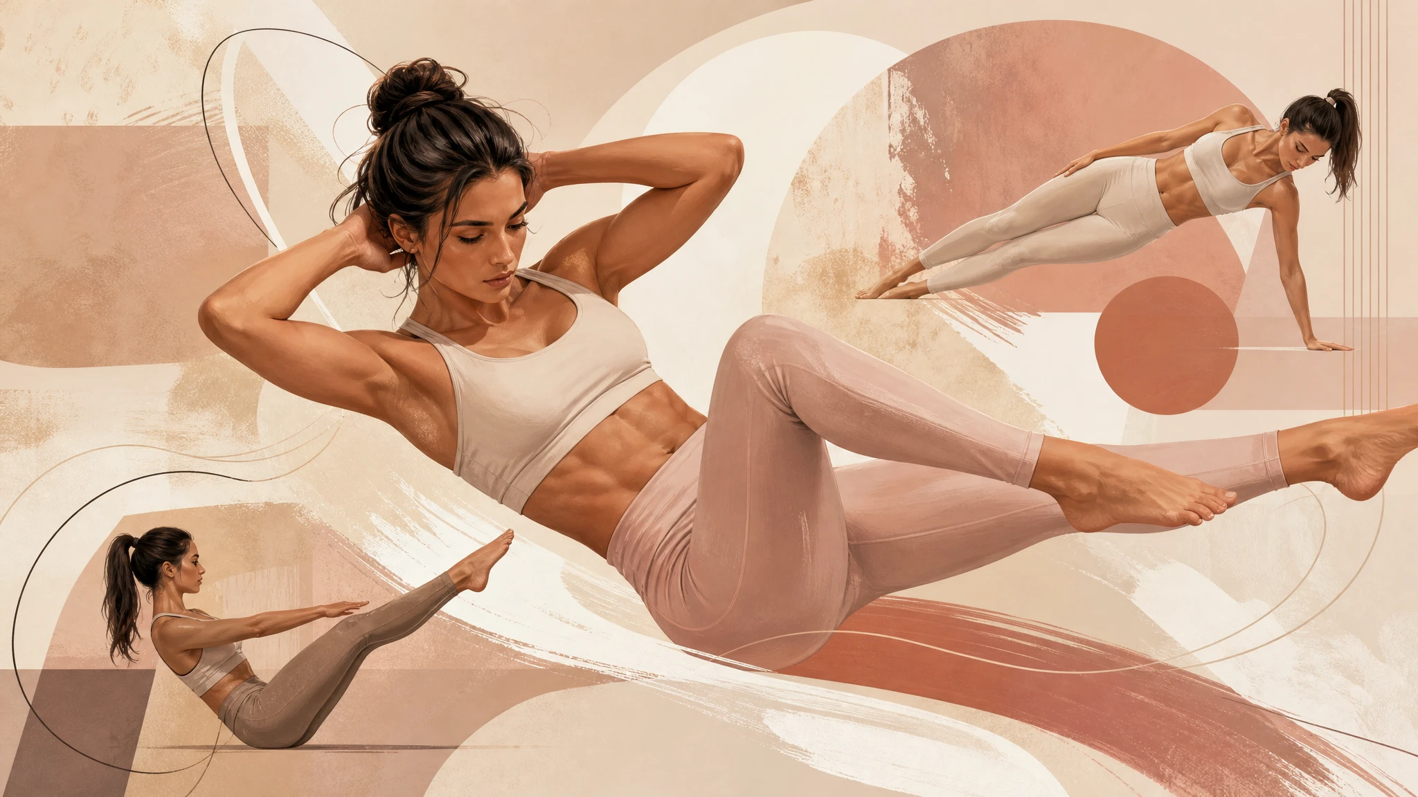 Ilustración editorial de entrenamiento de abdominales con líneas de movimiento dinámicas