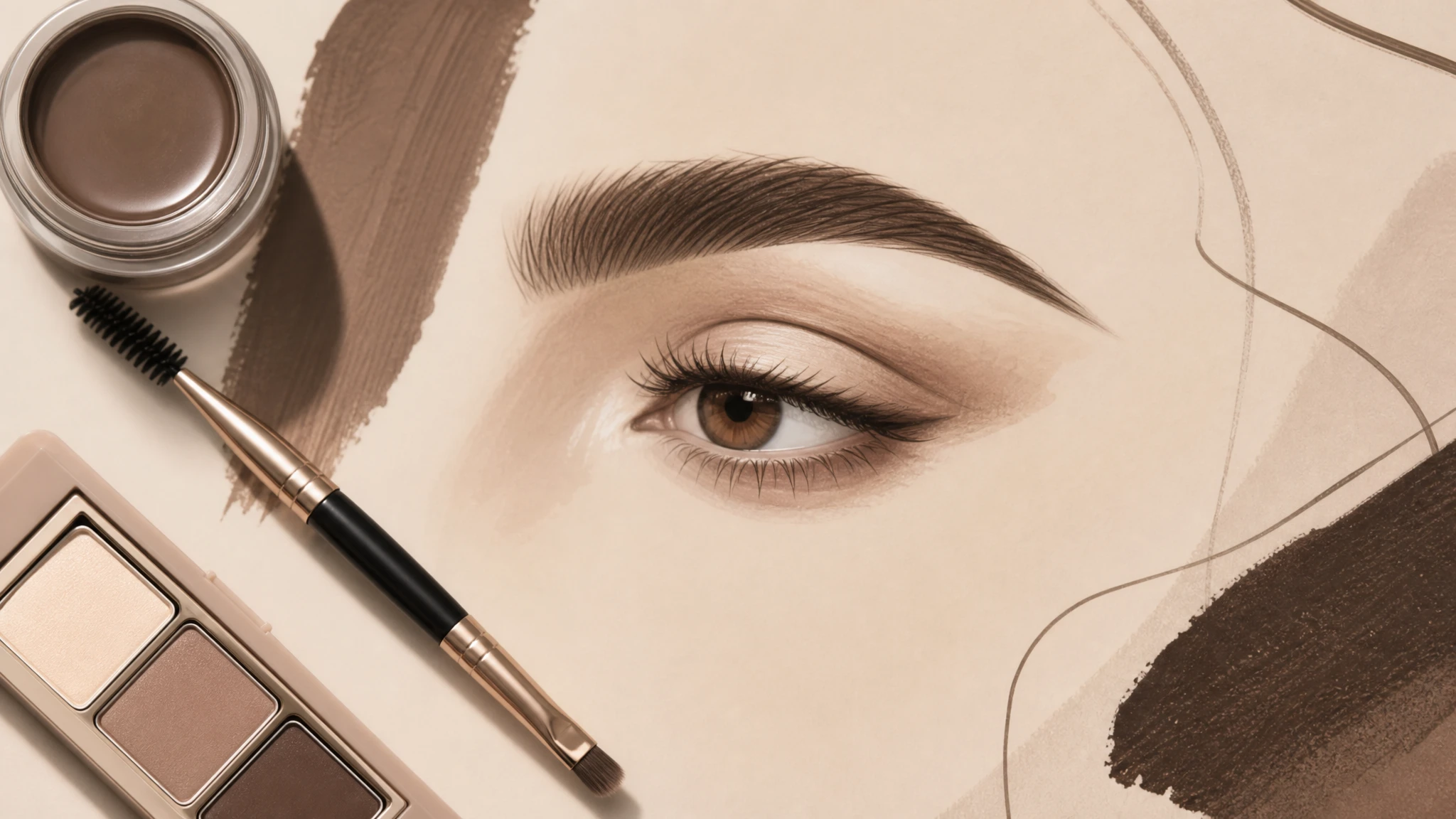 Ilustración editorial de maquillaje de cejas con tonos naturales y composición minimalista