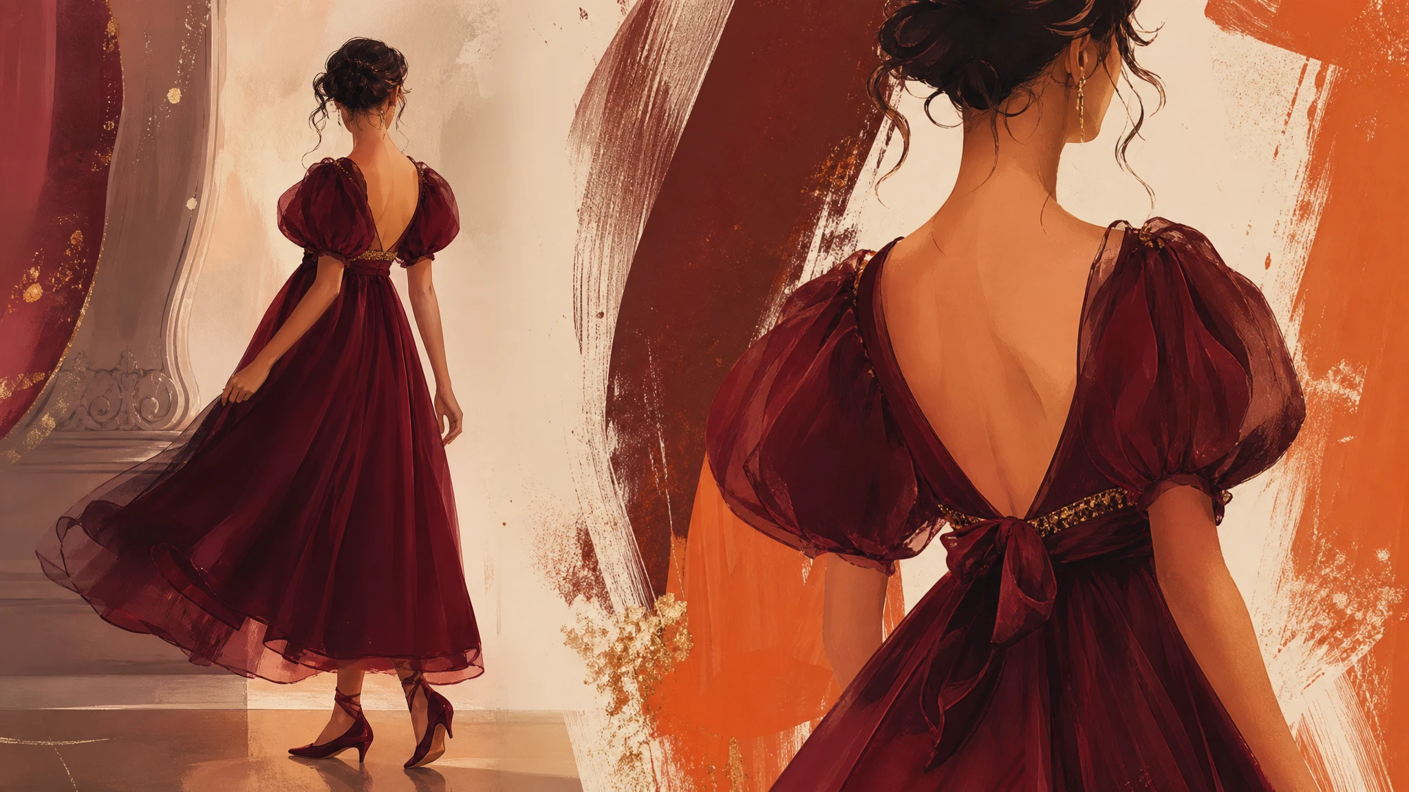 Ilustración editorial de vestido midi burdeos de inspiración romántica estilo Regencia